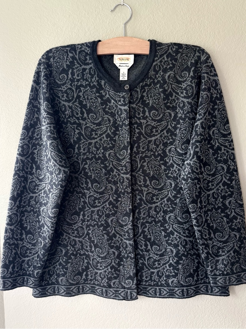TALBOTS 100% Merino Wool Paisley Cardigan Sweater| Gray Black | Size L | Italy